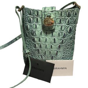 Brahmin Marley Blue Green Melbourne Croc Embossed Leather Crossbody Bag NWOT